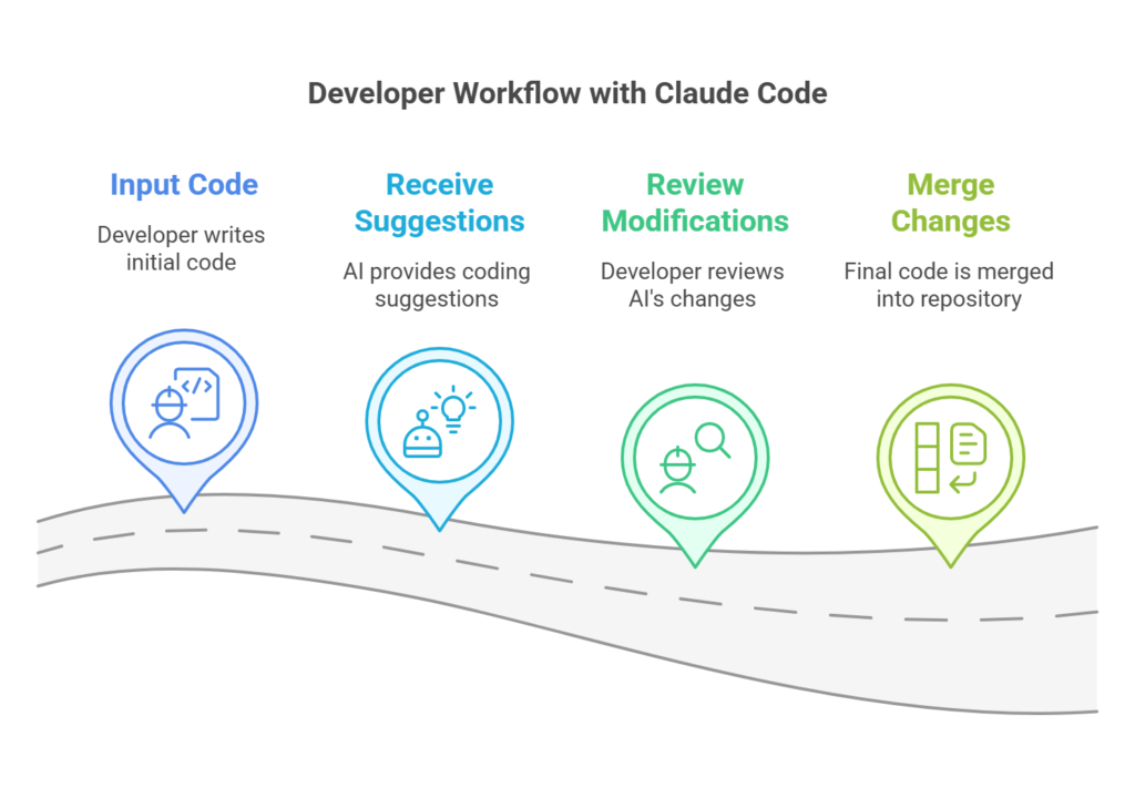 Infographic showing the integration of Claude Code in a developer's workflow, including code editing, debugging, and version control steps